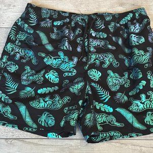UZZI Men's L Swim Shorts Mesh Lined Trunks Black Iridescent‎ Tiger Palms Beach